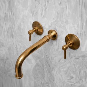 Unlacquered Brass Wall Mount Double Lever Handle Bathroom Sink Faucet - Rough in Valve Included - Zayian