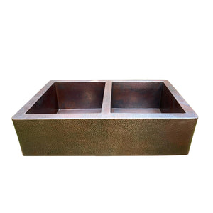 Hammered Copper Double Bowl Farmhouse Sink