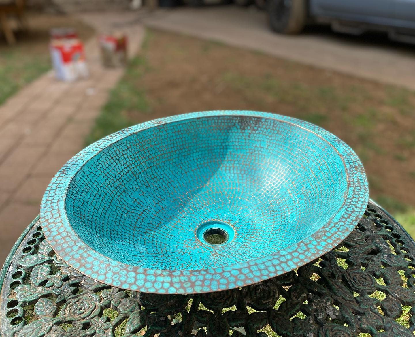 Antique Turquoise Weathered Bathroom Sink Basin in Copper - Syera - Zayian