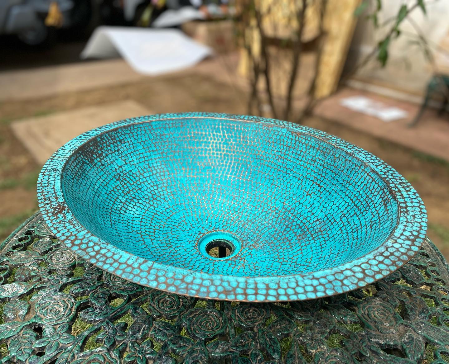 Antique Turquoise Weathered Bathroom Sink Basin in Copper - Syera - Zayian