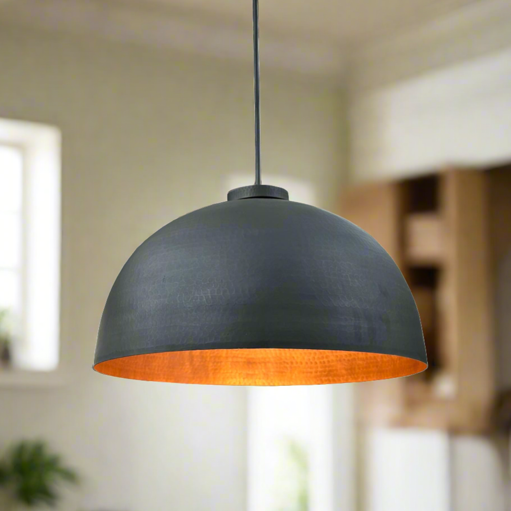 Copper Hanging Light, Black Dome Pendant Lamp - Zayian