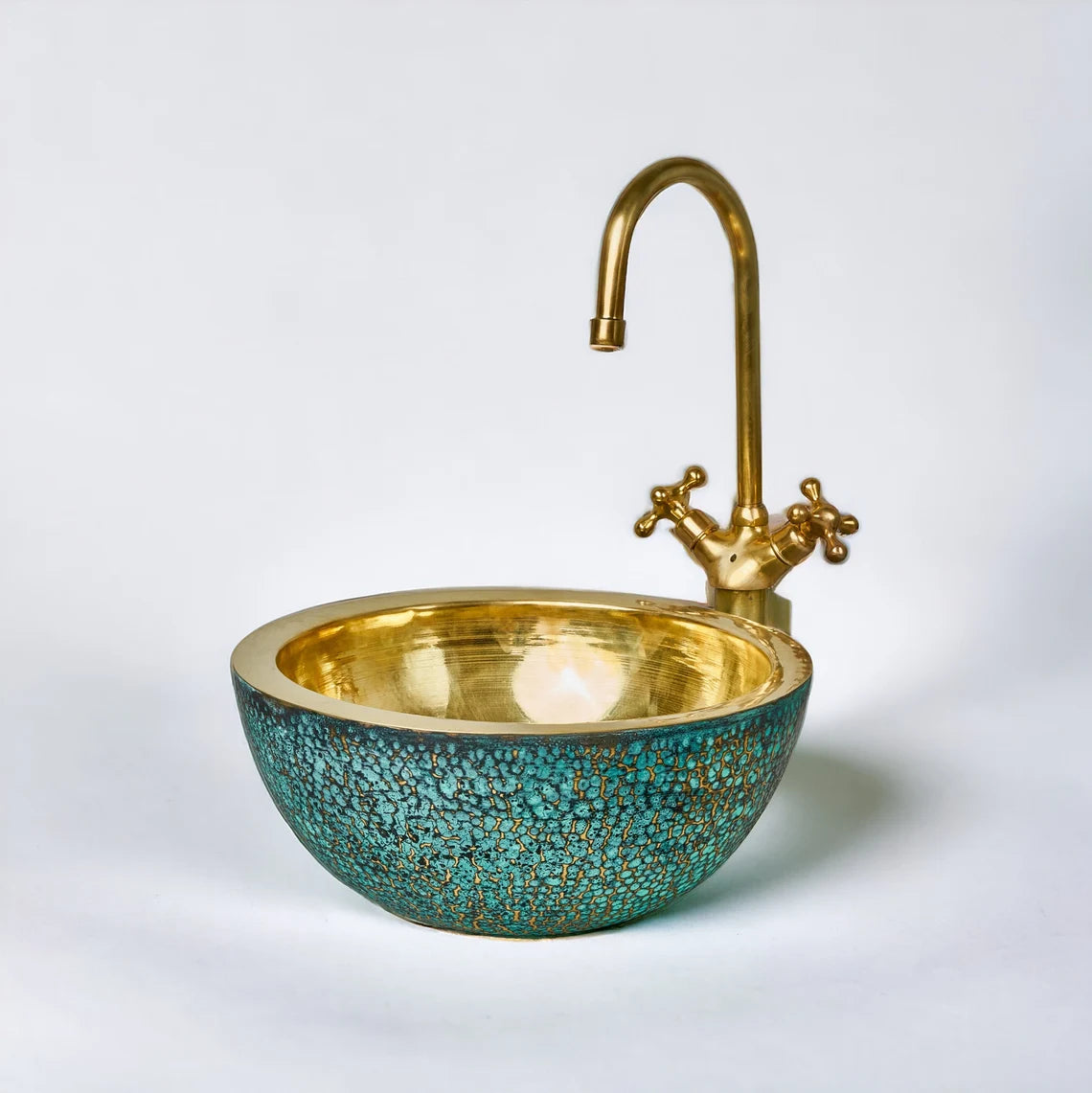 Brass Vessel Sink For Bathroom, Blue Patina Brass Sink with Faucet - Zayian
