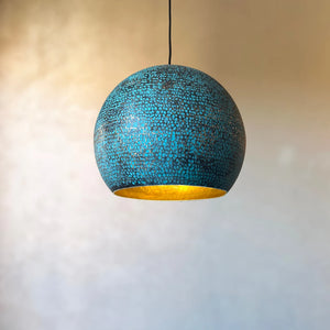 Blue Patina Brass Pendant Light, Handmade Large Dome Light - Zayian
