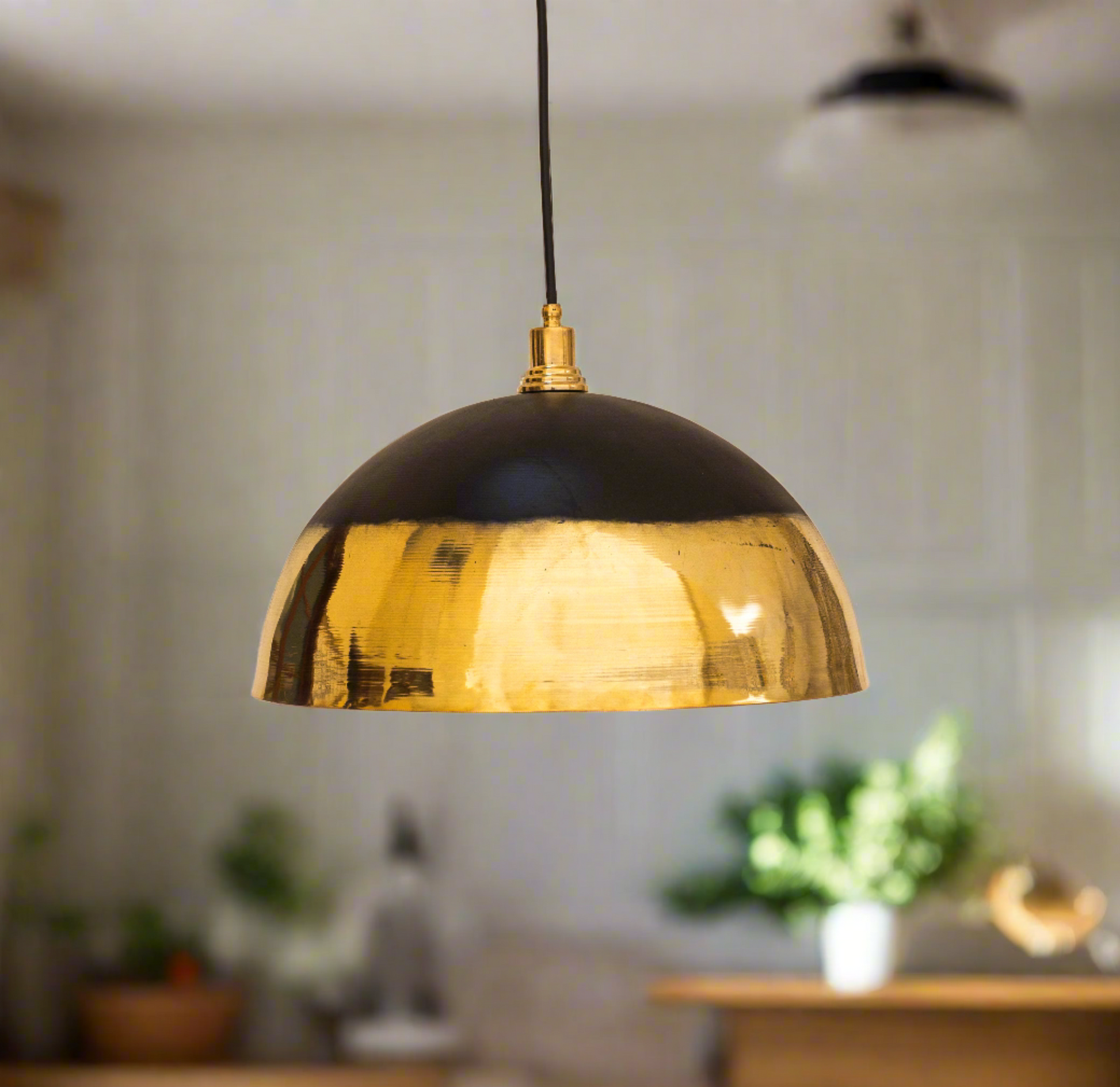 Brass Light Fixture Dome Unlacquered Brass and Black  Pendant Light Island Kitchen - Zayian