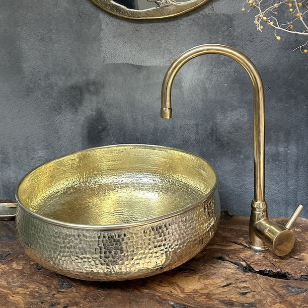 Round Hammered Brass Bathroom Sink, Round Vessel Sink Vanity