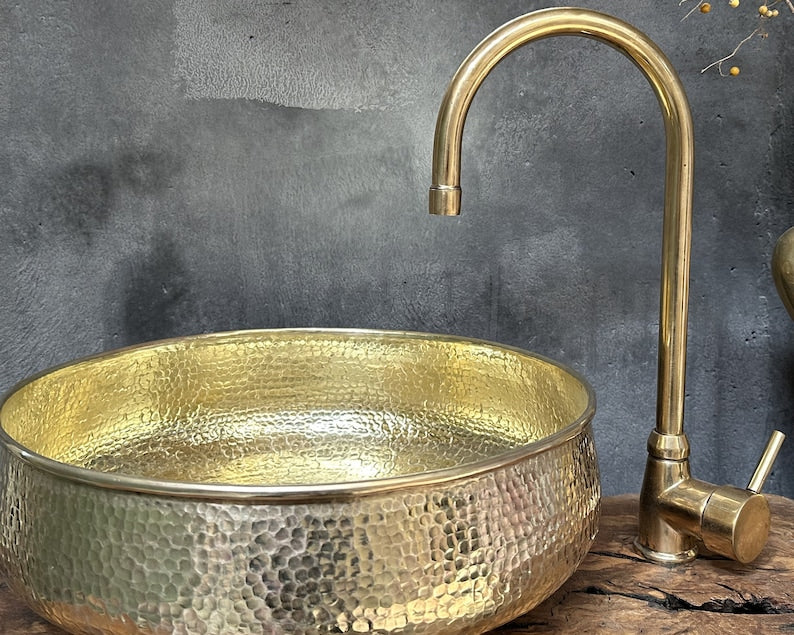 Round Hammered Brass Bathroom Sink, Round Vessel Sink Vanity
