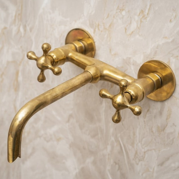 Unlacquered Brass Bathroom Sink Faucet, Wall Mounted Bathroom Faucet With Cross Handles