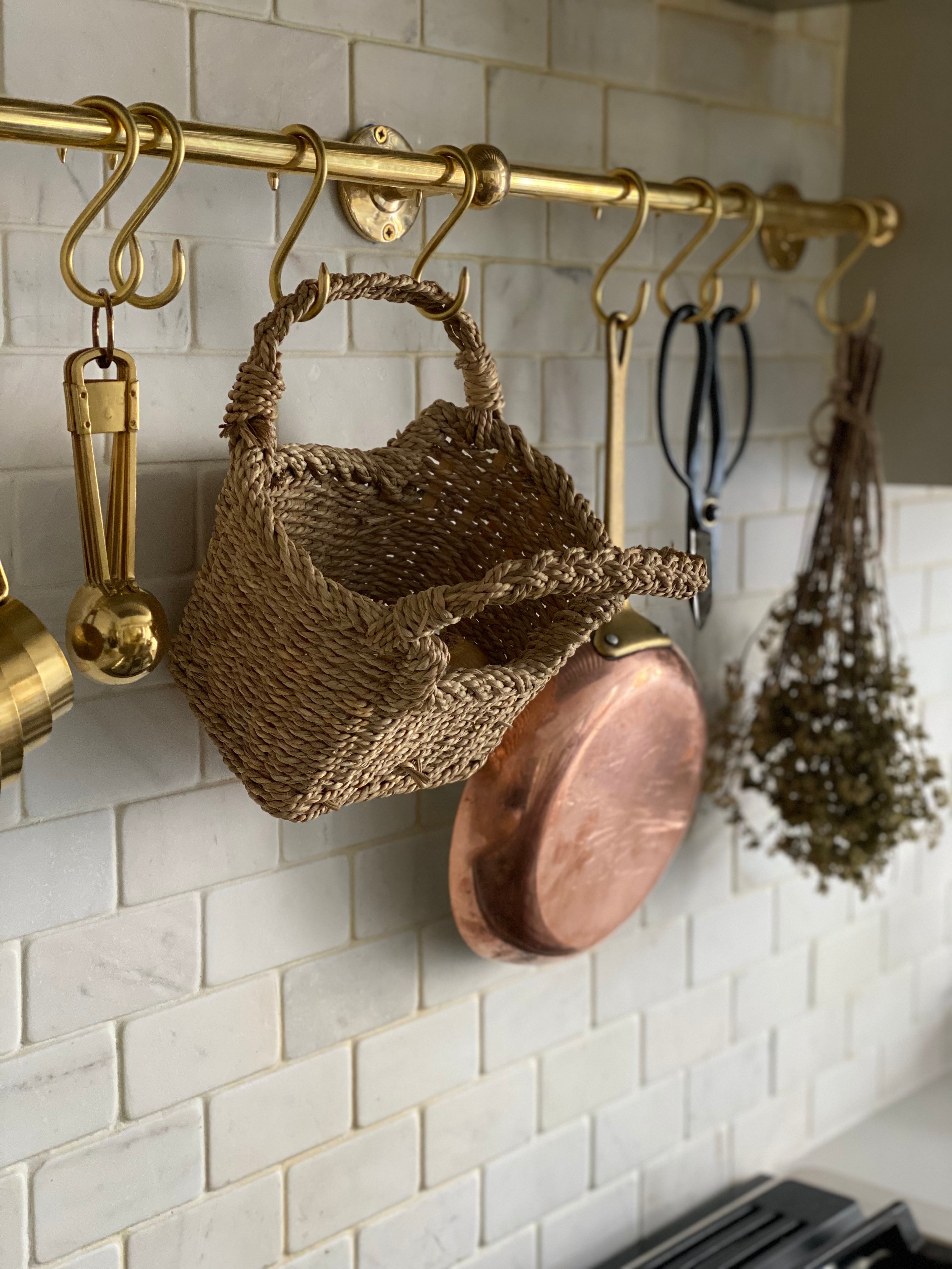 Unlacquered Brass Wall Mounted Pot Rack With Hooks - Zayian