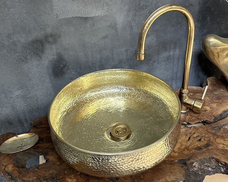 Round Hammered Brass Bathroom Sink, Round Vessel Sink Vanity