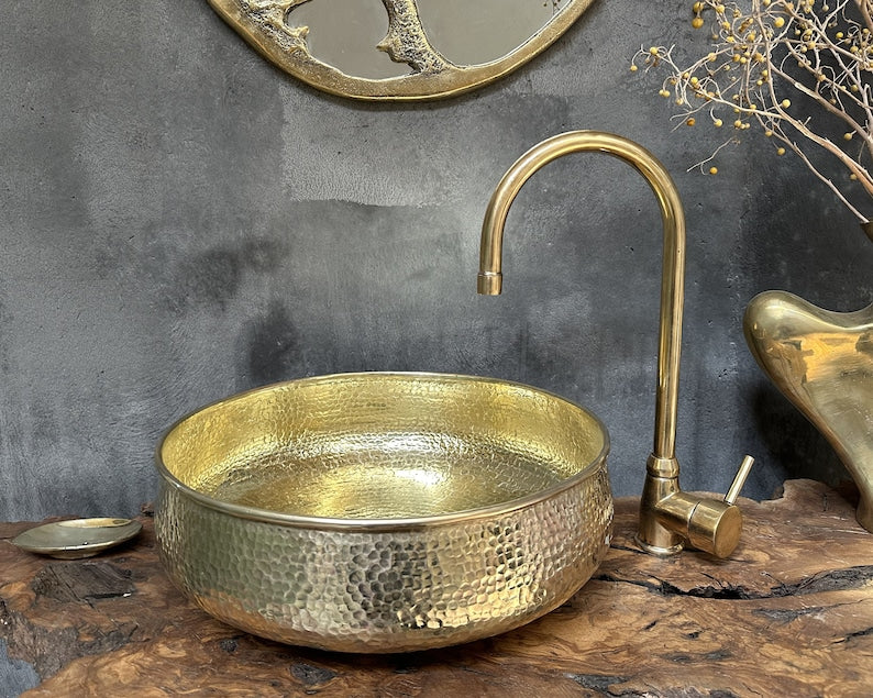 Round Hammered Brass Bathroom Sink, Round Vessel Sink Vanity