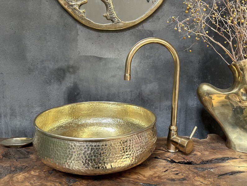 Round Hammered Brass Bathroom Sink, Round Vessel Sink Vanity