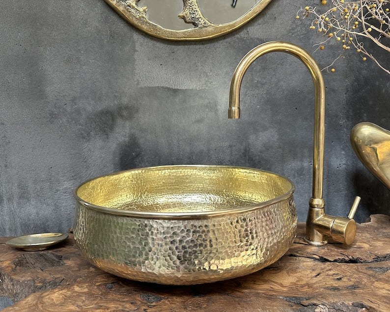 Round Hammered Brass Bathroom Sink, Round Vessel Sink Vanity