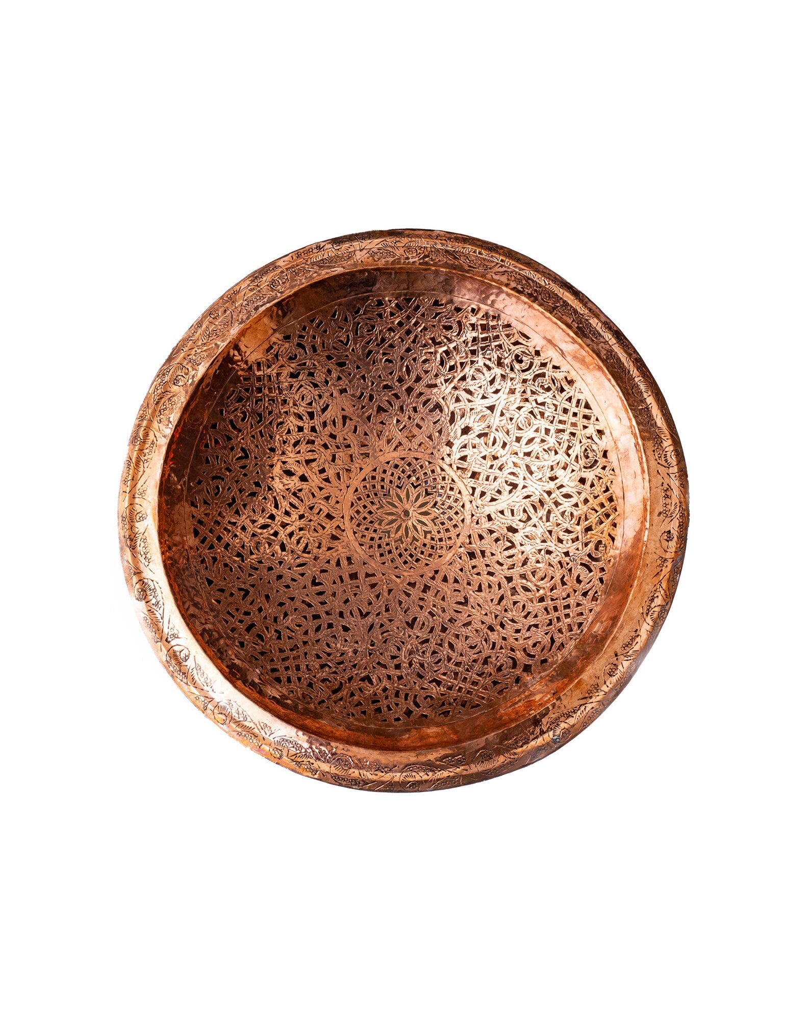 Round Copper drop-in bathroom sink , Handcrafted engraved copper sink - Zayian