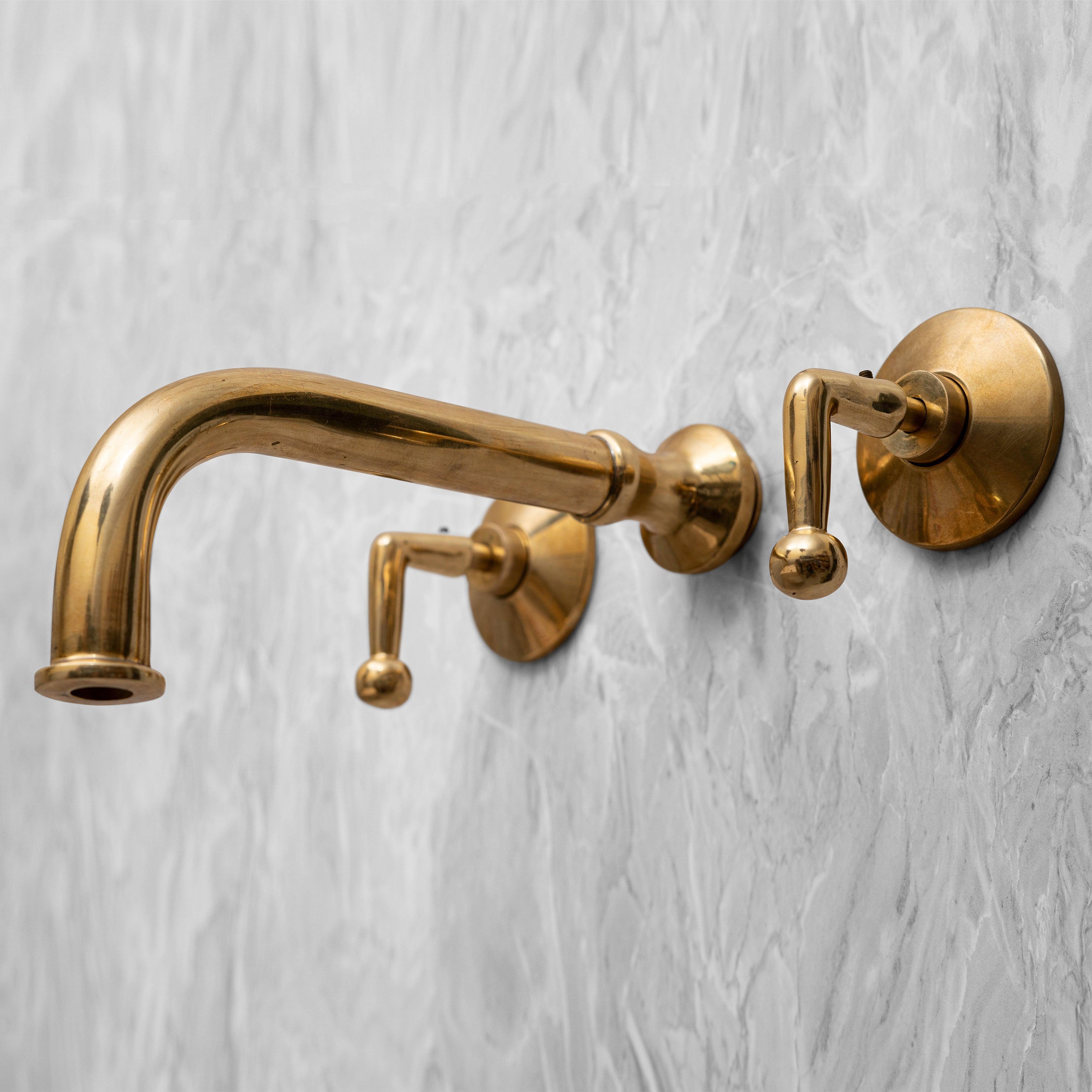 Unlacquered Brass Wall Mount Bathroom Faucet with Double Lever Handle and Rough-in Valve - Zayian