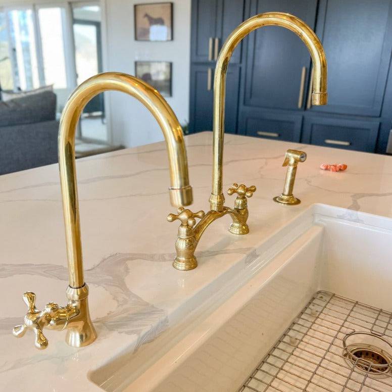 2 Hole Unlacquered Brass Kitchen Faucet With Sprayer