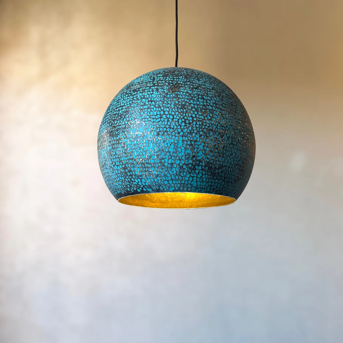 Blue Patina Brass Pendant Light, Handmade Large Dome Light - Zayian