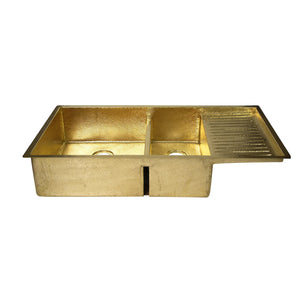 Drop-In Double Bowl Brass Kitchen Sink With Drainboard-Vexa - Zayian