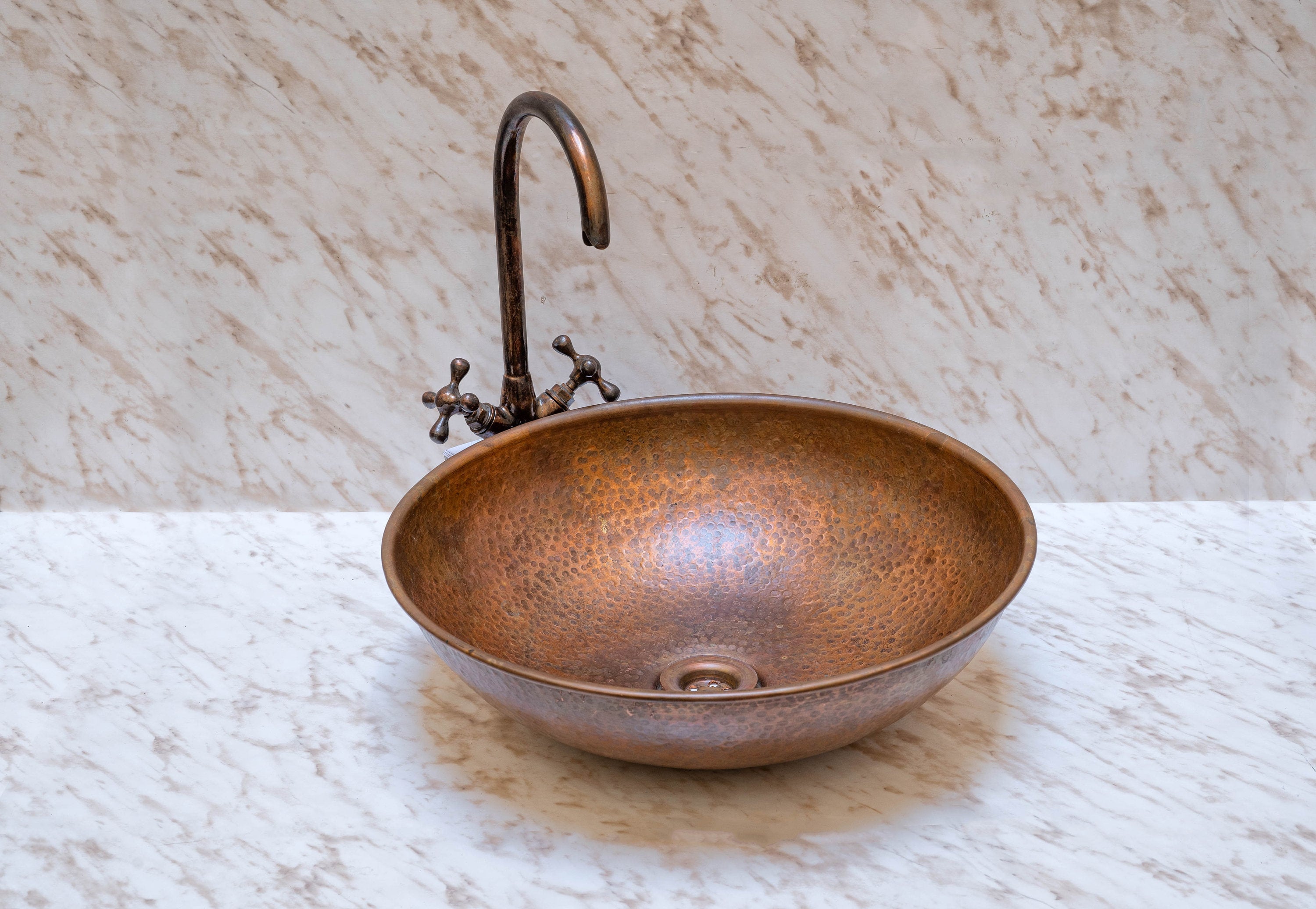 Round Aged Copper Vessel Sink Bathroom Zayian