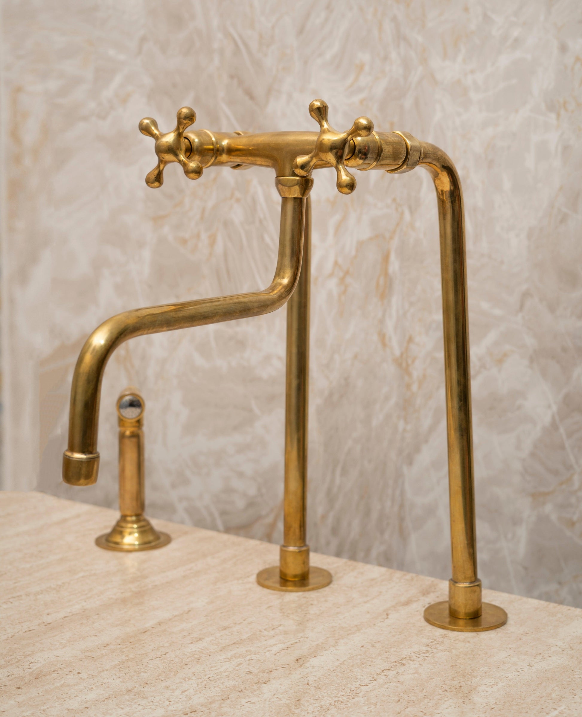 Unlacquered Brass Kitchen Bridge Faucet with Sprayer Zayian