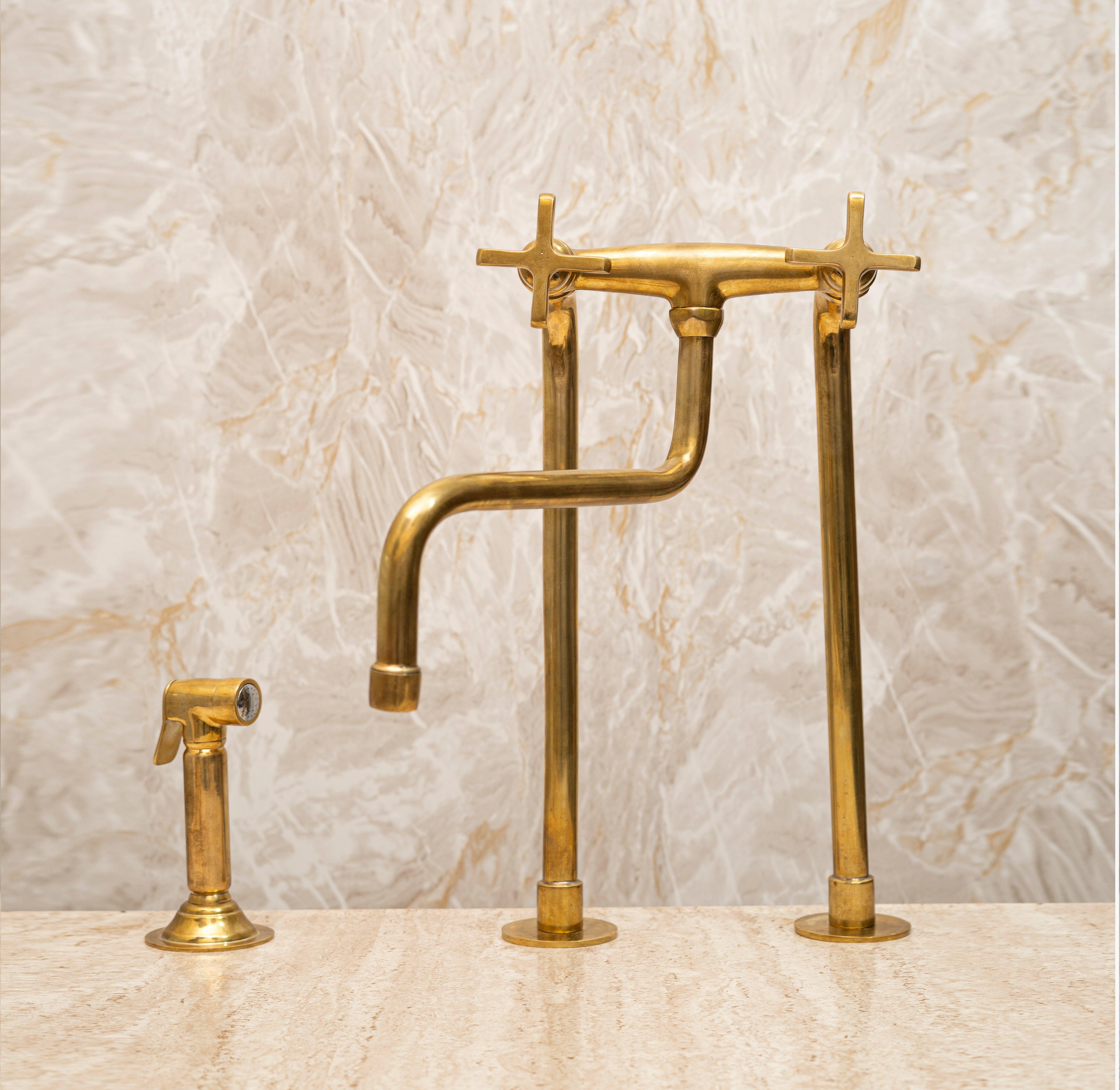 Unlacquered Brass Kitchen Bridge Faucet with Sprayer Zayian