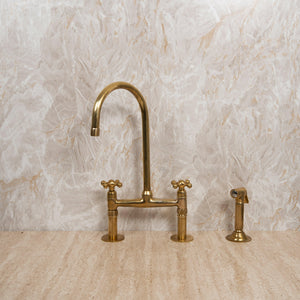 Unlacquered Brass Bridge Kitchen Faucet with Sprayer Zayian