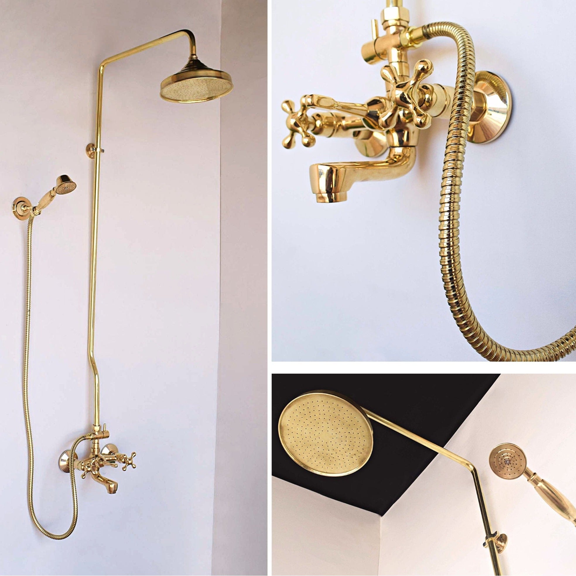 Unlacquered Brass Exposed shower system with tub spout and Handheld Shower and Rain Shower Head - Zayian