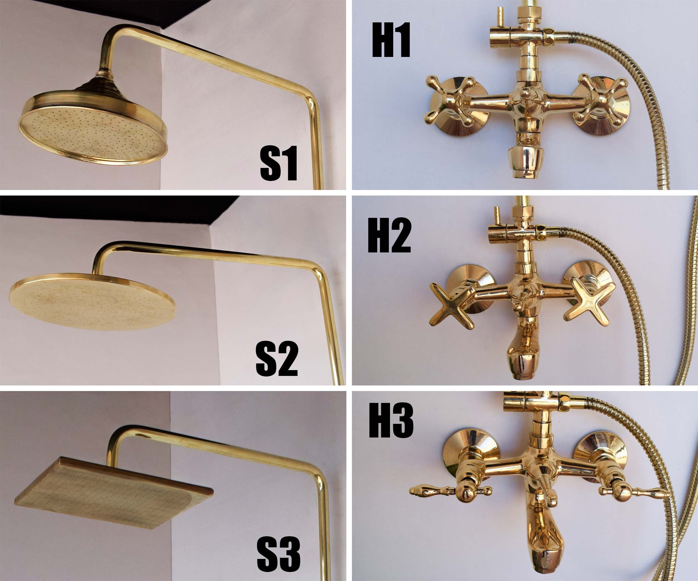 Unlacquered Brass Exposed shower system with tub spout and Handheld Shower and Rain Shower Head - Zayian